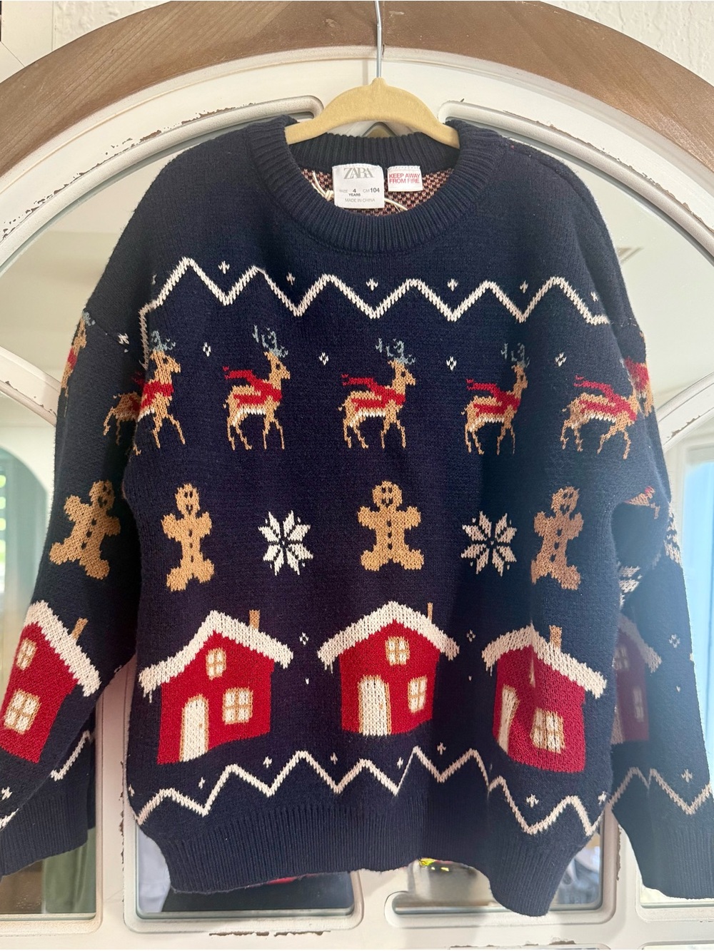 Zara Navy Fair Isle Crewneck Sweater with Red Houses & Tan Reindeer